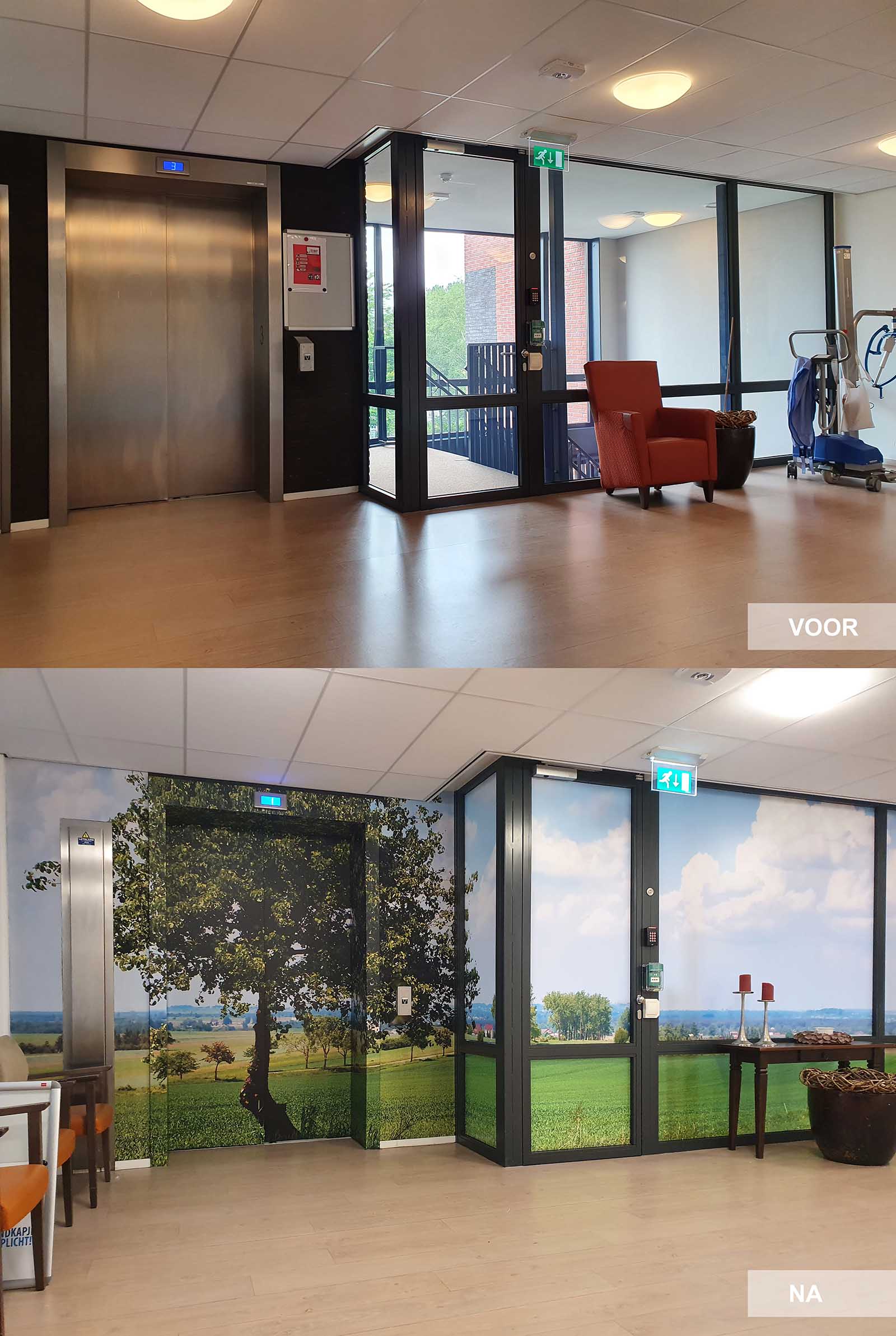 Interieur bestickering van liften, wanden en ramen in verzorgingshuis